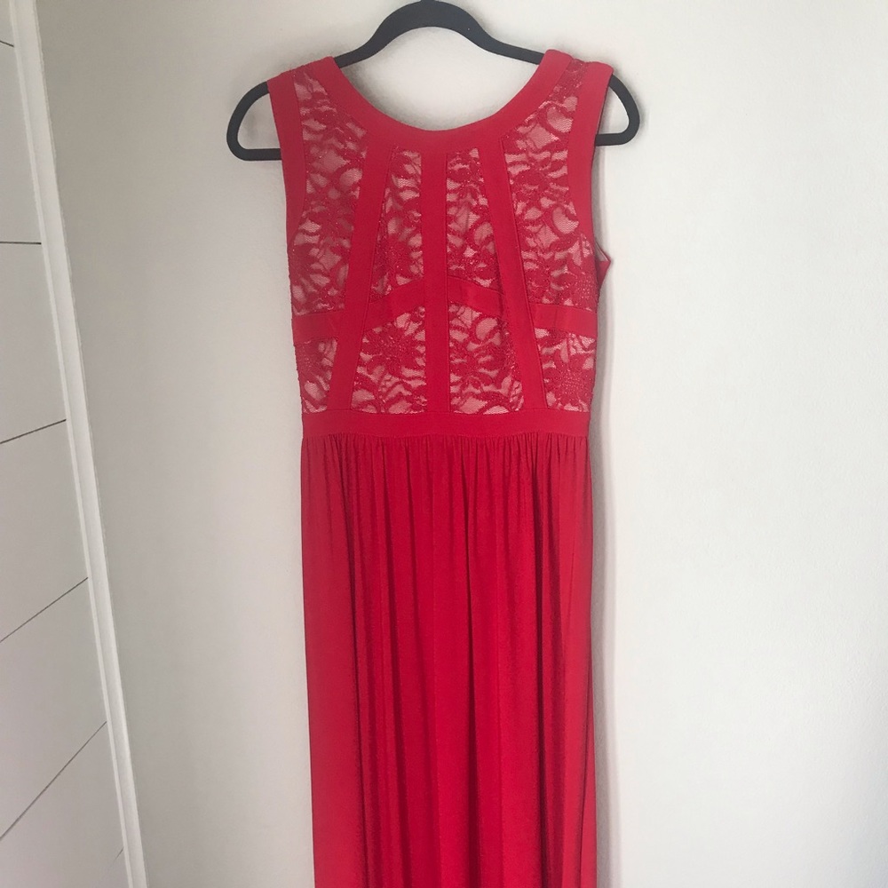 Size 6 Red Floor Length Gown with Lace Bodice